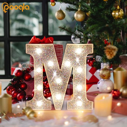 PooqlaLED Marquee Light Up Letters, Glitter Alphabet Letter Sign Battery Powered Night Light Girls Gifts Birthday Wedding Home Bar Christmas Party Decoration, Shiny Silver Letter A