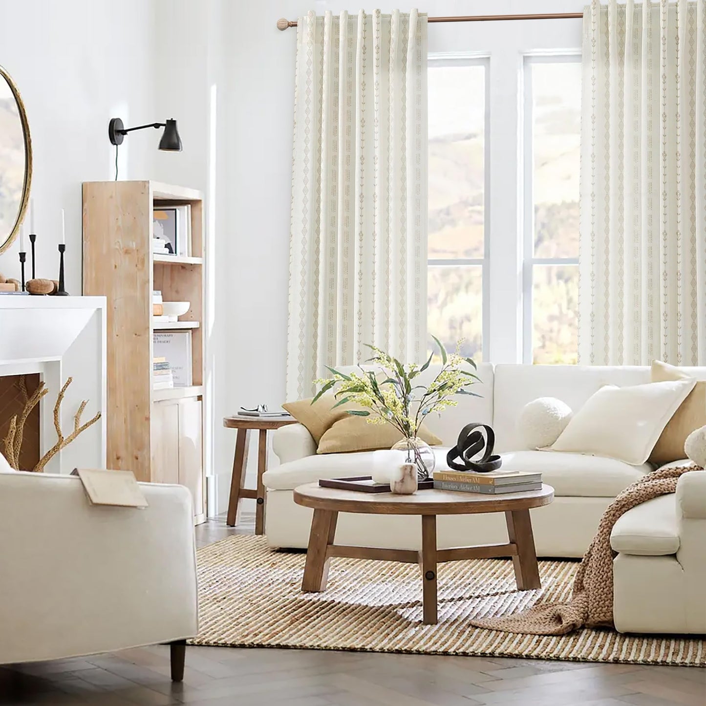 Farmhouse Curtains for Living Room 63 Inch Length,Modern Elegant Subdued Subtle Traditional Pattern Custom Window Livingroom Curtains Drapes 63 Inches Long 2 Panels