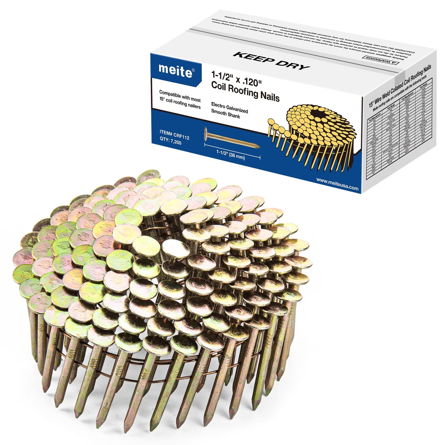 meite Roofing Nails 15 Degree Electro Galvanized Coil Nails 1-1/2-Inch, Rust-Proof Big Head Roofing Nails for Electric or Pneumatic Nailer Gun, Wire-Collated Coil Nails for Lathing Sheathing, 7200PCS