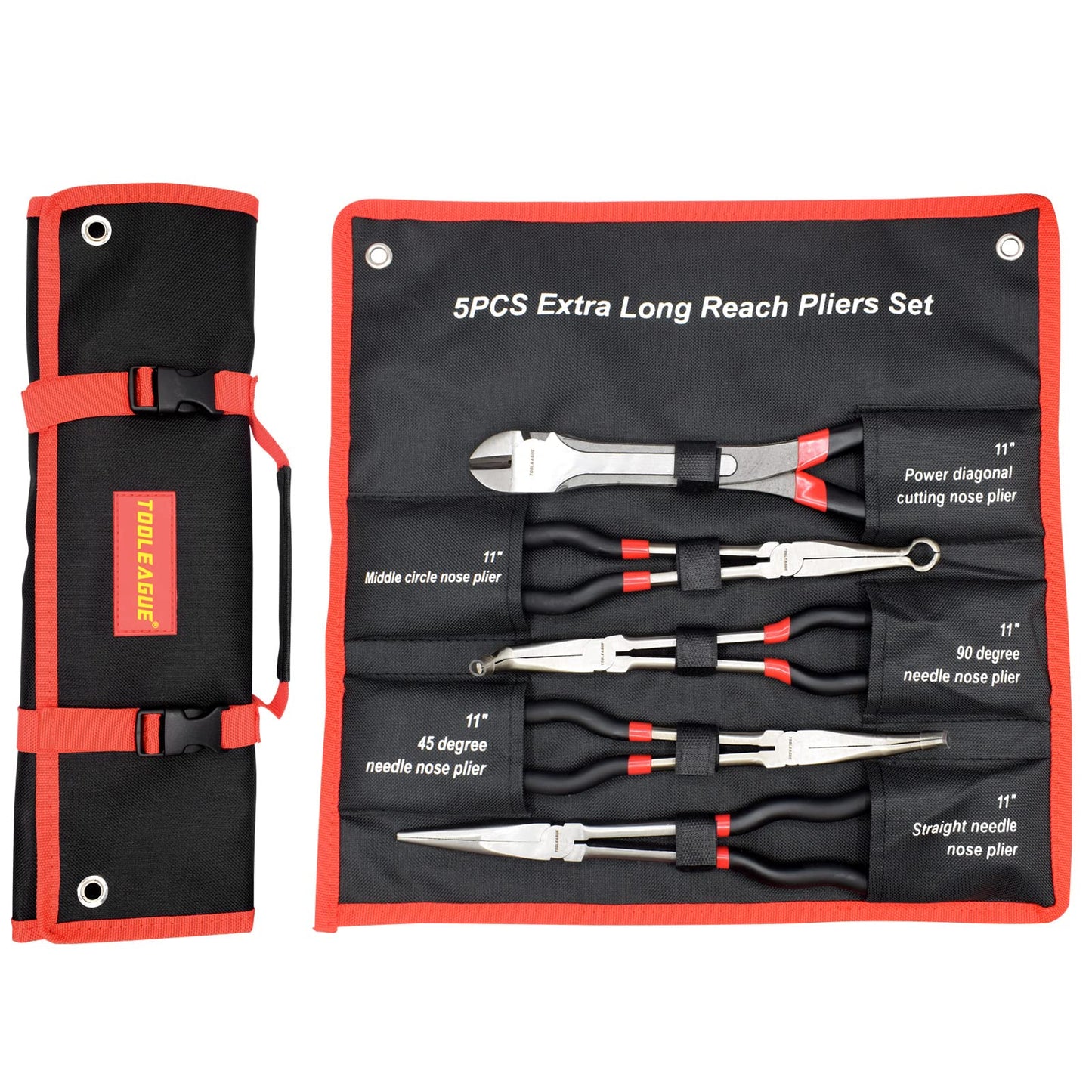 TOOLEAGUE 5Pcs Extra Long Needle Nose Pliers Set, 11" Long Reach Straight,45/90 Degree Bent Nose,Diagonal Pliers and O-shape Tip Craft Repairing Tool