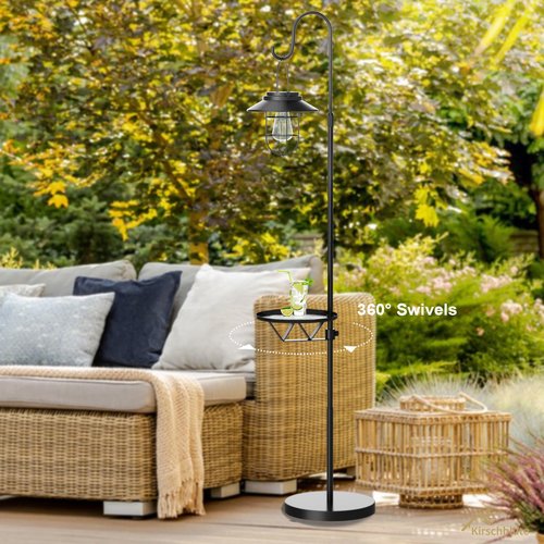 Kirschblüte 60" Solar Floor Lamp with Detachable Hanging Lantern & Small Side Table - Cordless, Waterproof Outdoor Lighting for Deck, Patio, Garden, Porch - Weatherproof Iron Floor Light
