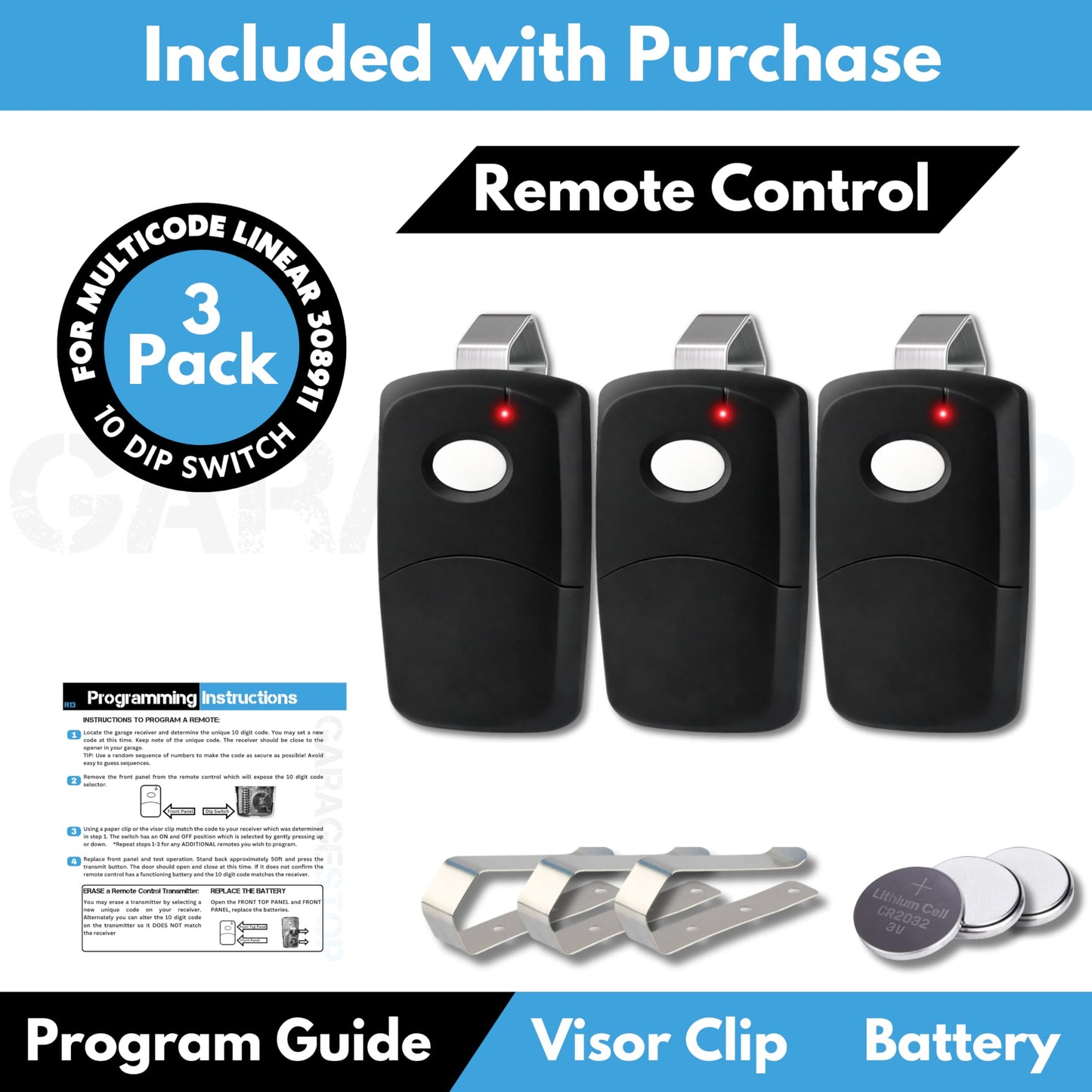 3X for Multicode Linear 308911, 10 dip Switch Gate Opener Remote 300MHz, Multi Code Garage Door Opener Remote, Black Garage Clicker Replacement