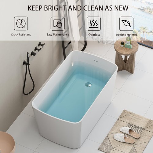 KEIKI 49" Freestanding Acrylic Soaking Bathtub, Square Japanese Deep Soak Tub with Angled Lumbar Support, Premium Cast Acrylic, Glossy White
