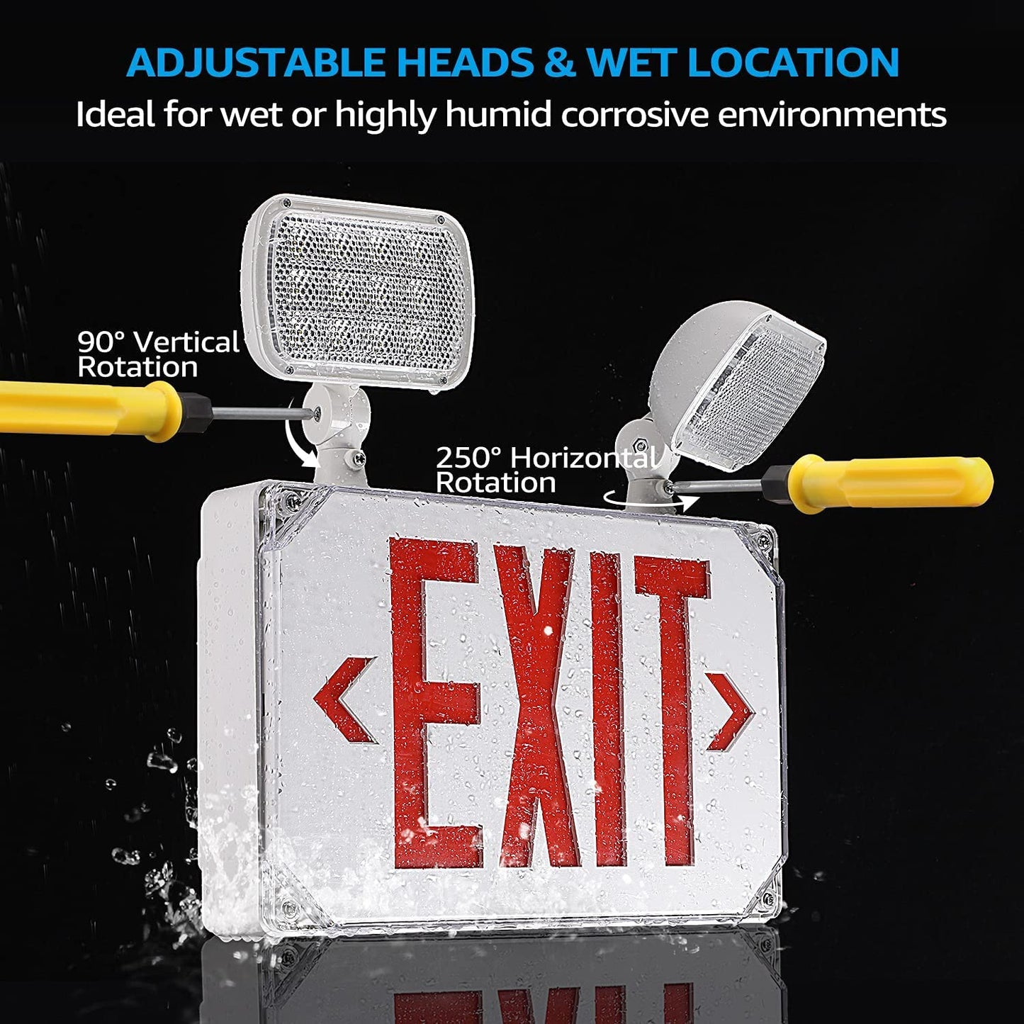 LEONLITE LED Exit Light, Wet Location Exit Sign with Emergency Lights, UL Listed, Outdoor Hardwired Exit with Battery Backup, 2 Dual Heads, Double Face, AC 120/277V, Red