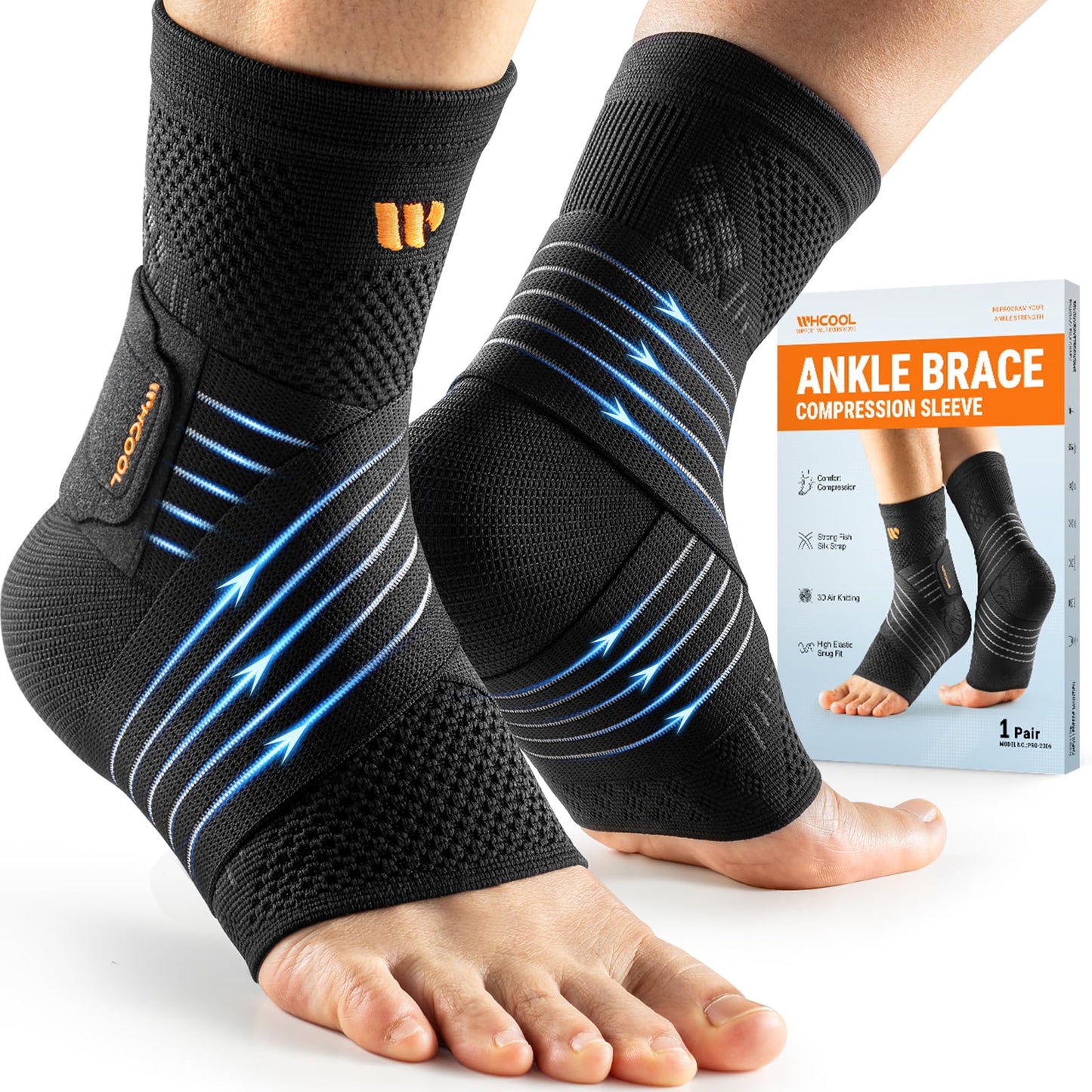 WHCOOL Low-Profile Ankle Braces for Women & Men, Customizable Ankle Compression Sleeve w/Wide Strap, Foot Support Wrap for Plantar Fasciitis Pain Relief, Achilles Tendonitis, Sprain, Black, 1 Pair, XL