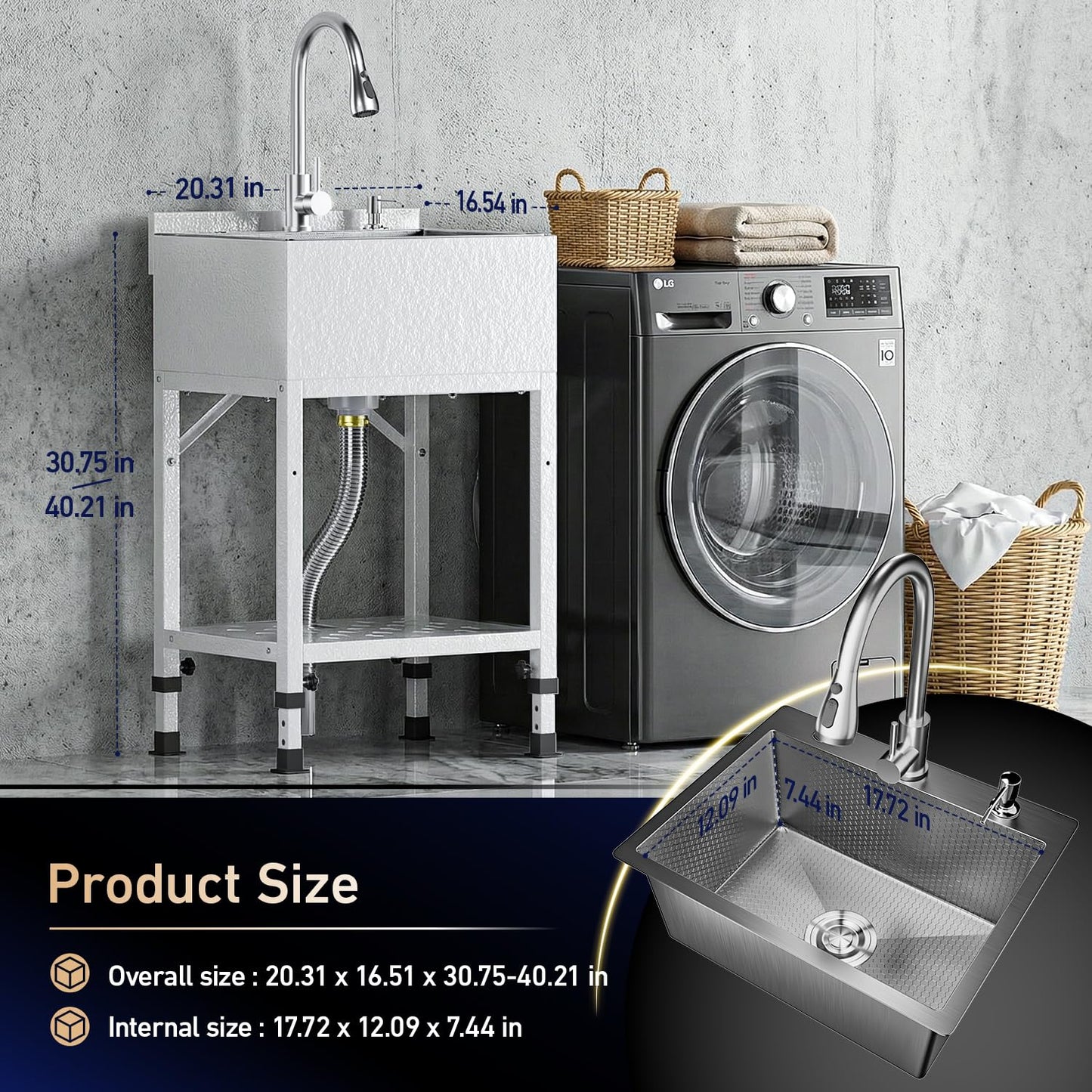 20" Freestanding Utility Sink, Stainless Steel Single Bowl with Deep Basin, Heavy Duty Sinks with Storage Shelves & Hot/Cold Water Pipes for Laundry, Kitchen, Farmhouse, Garage