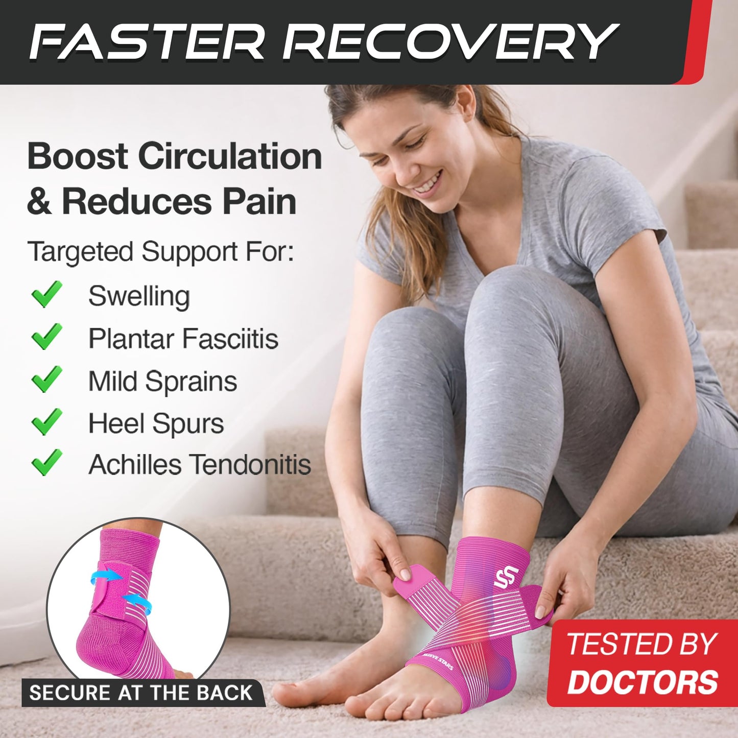 Sleeve Stars Ankle Brace for Women & Men, Ankle Wrap for Sprained Ankle, Compression Sleeve for Plantar Fasciitis Relief, Easy Customizable Support: w/Removable Strap (Single/L:12"-13"/Hot Pink)