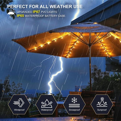Patio Umbrella Lights Cordless 120 LED Table Umbrella Lights with Remote Control Battery Operated Waterproof Parasol String Lights for 7-11 Feet Outdoor Backyard Beach Umbrella Décor (Warm White)