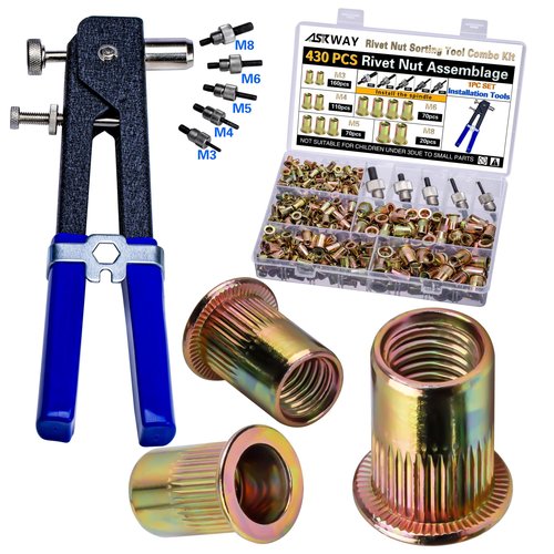ASKWAY Pressure Rivet Nut Tool Kit, 430Pcs Metric Rivet Nut Combination (M8/M6/M5/M4/M3), Suitable for Furniture, Decoration, Automotive, Marine and Industrial Applications