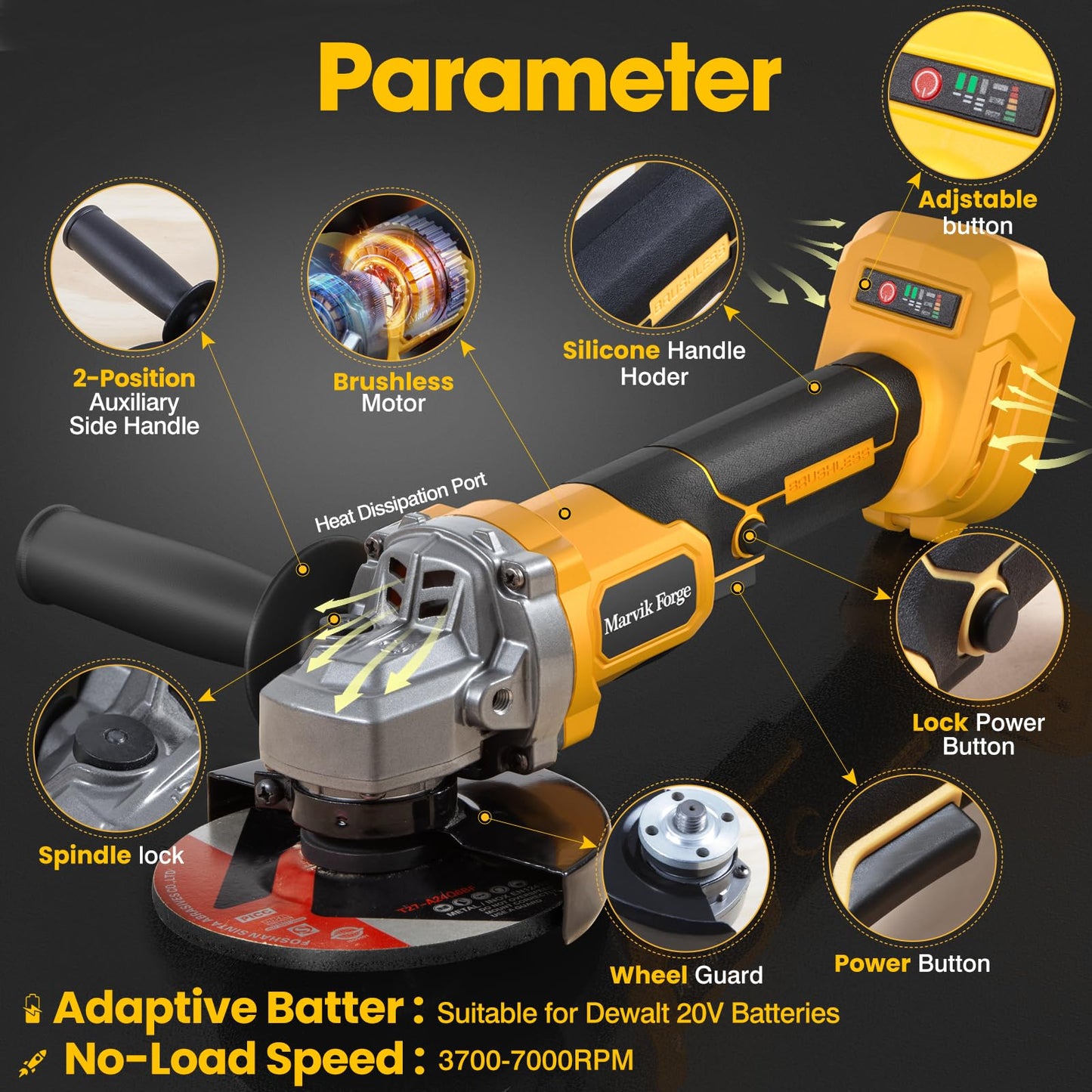 Marvik Forge Cordless Angle Grinder Compatible with 20V Max Dewalt Battery(No Battery), Brushless Motor, with Car Polishing Accessories, 4-1/2"Cutting and Grinding Disc, Variable Speed, Lock-On Switch