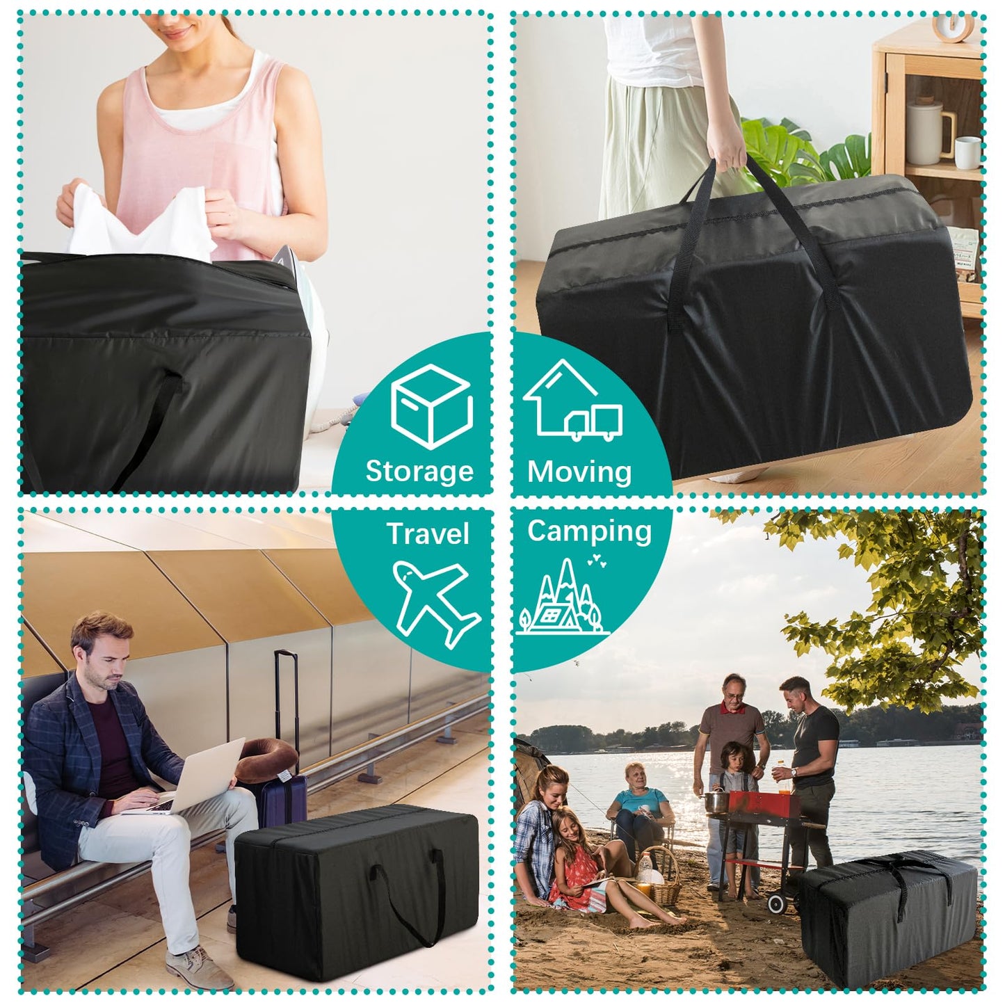 Moving Bags Heavy Duty with Strong Zipper & Handles, Sturdy Clothes Storage Bags, Packing Totes 6 Pack, College Dorm Room Essentials, Black