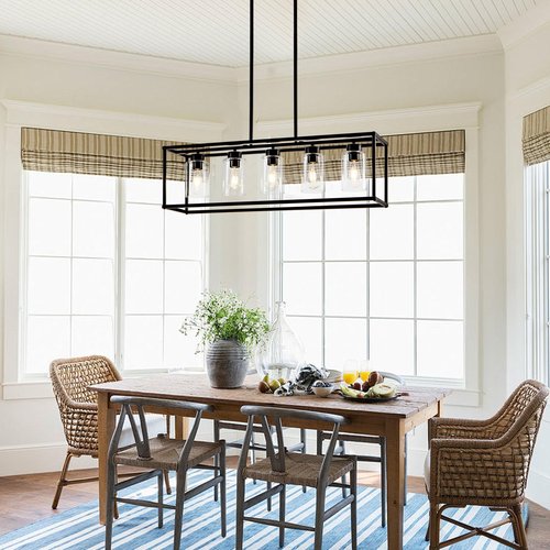 HCCZ 5 Light Dining Room Light Fixture Matte Black Farmhouse Chandelier Over Table Rectangular Kitchen Pendant Lighting Rectangle Modern Industrial Living Room Hanging Lights Adjustable Height