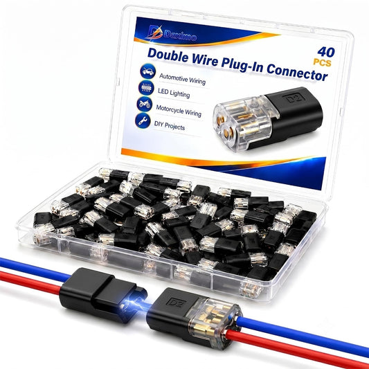40 PCS Quick Connect Wire Connectors, No Wire Stripping - 2 Pin Double Wire Plug-in Connectors with Locking Buckle - Low Voltage LED Wire Connectors for Safe & Simple Wiring (18-20AWG)