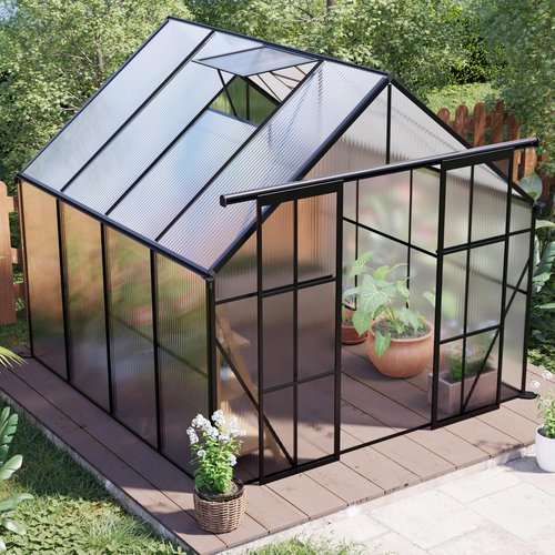 8x8 FT Outdoor Greenhouse, Heavy Duty Polycarbonate Green House with Raised Base and Double Sliding Doors, Aluminum Walk-in Greenhouses with Adjustable Roof for Outdoor Backyard, Black