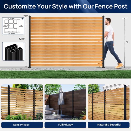 2 Pack 6FT 3-Way Aluminum Fence Post, 1.8mm Thick Walls & 10mm Base, Matte Black Wood Fence Post, Rustproof & Weather-Resistant for Outdoor Privacy Panels
