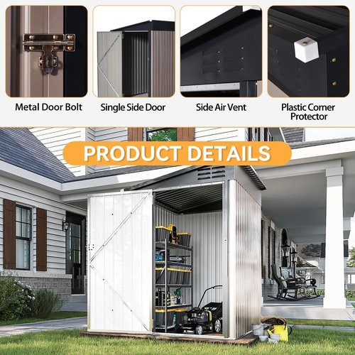 Aoxun 4x6 FT Lean to Shed Garden Metal Storage Shed with Lockable Doors Outdoor Bike Shed for Backyard, Patio, Poolside (Brown)