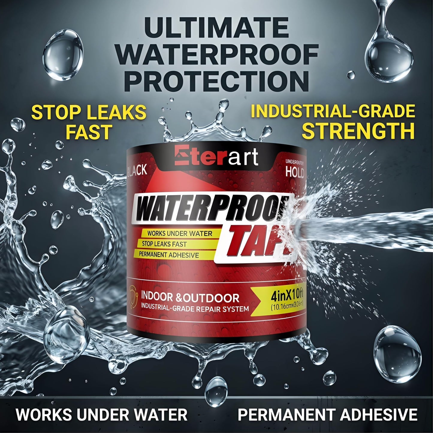 Waterproof Tape Black 4 Inch x 10 FT - Heavy Duty Rubberized Seal Repair for Active Leaks - Fix Roofs, Underwater Pool Liners & Pipes - All-Weather Emergency Patch Tool for Homeowners & Campers