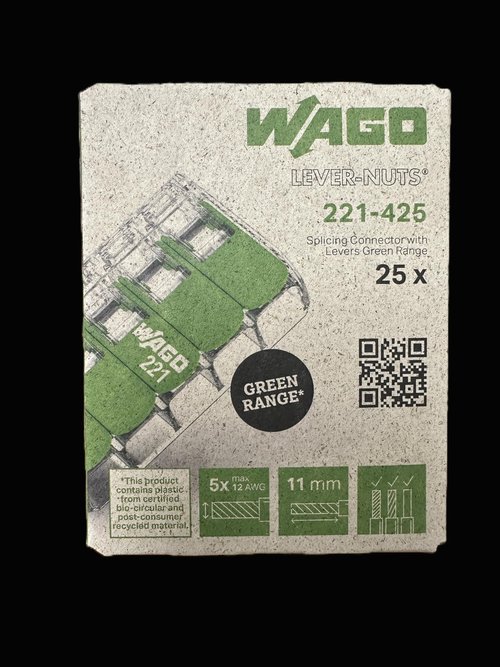 WAGO 221-425 |Splicing Connector Green Range | for Solid, Stranded and fine-Stranded Conductors | 5-Conductor with levers | 24-12 AWG | Transparent housing | [25 Pieces]