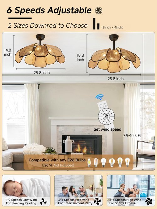 DARYEWO 26 Inch Fandelier Rattan Ceiling Fans with Lights and Remote,Boho Black Chandelier Ceiling Fan for Dining Living Room,Bedroom,Kitchen,4-Light