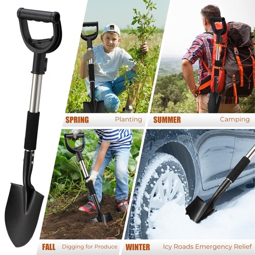 Multi-Task Small Shovel 31" - D-Handle Ergonomic Design for Raised Garden Beds, Outdoor Compact Spaces & Family Camping (Rustproof & Ultra-Light), Silver