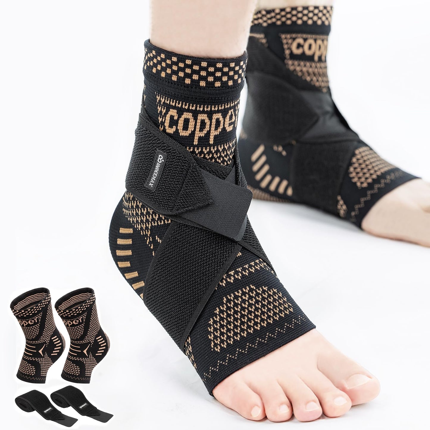 INDEEMAX Ankle Brace for Sprained Ankle Compression Sleeve, 2 Pack Copper Infused Ankle Support Brace for Women & Men, Plantar Fasciitis Relief Achilles Tendonitis, Sports Running, Copper Black, XL