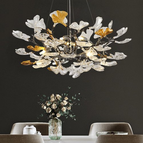 Modern Chandelier for Dining Room, Modern D31.5" Ginkgo Leaf Black Tree Branch Chandelier, Farmhouse Round Chandeliers Over Dining Table, Glass Lights for Living Room Bedroom Kitchen Island, 10-Light