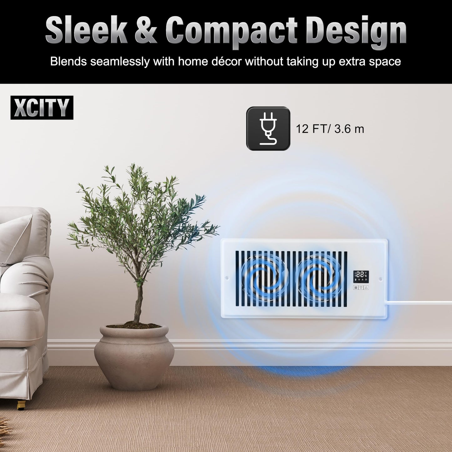 Xcity Quiet Register Booster Fan, Intelligent 4"x10" Vents, 10-speed, Air Vent Fan with Remote Control & Thermostat, Smart LED Display Ideal for HVAC, Integrated Heating & Cooling, White