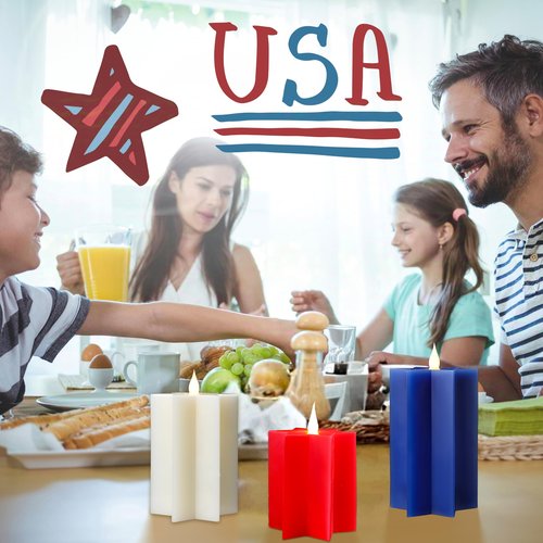 4th of July Patriotic Flameless Candles – Set of 3 Red White Blue Flameless LED Pillar Candles with Remote, Timer, Flicker Mode, Made of Paraffin and Battery Powered for Indoor Independence Day Decor