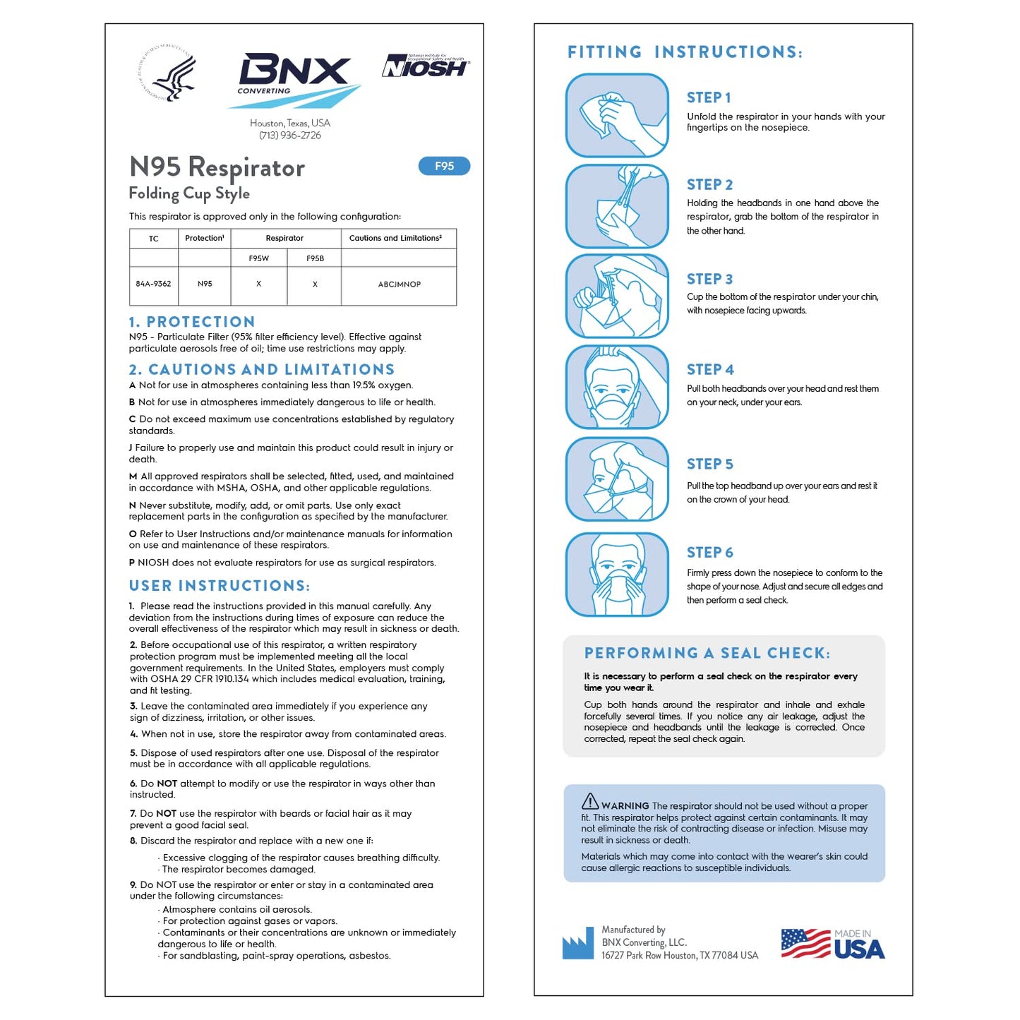 BNX N95 Mask Black NIOSH Certified MADE IN USA Particulate Respirator Protective Face Mask, Tri-Fold Cup/Fish Style, (10-Pack, Approval Number TC-84A-9362 / Model F95B) (Headband) Black