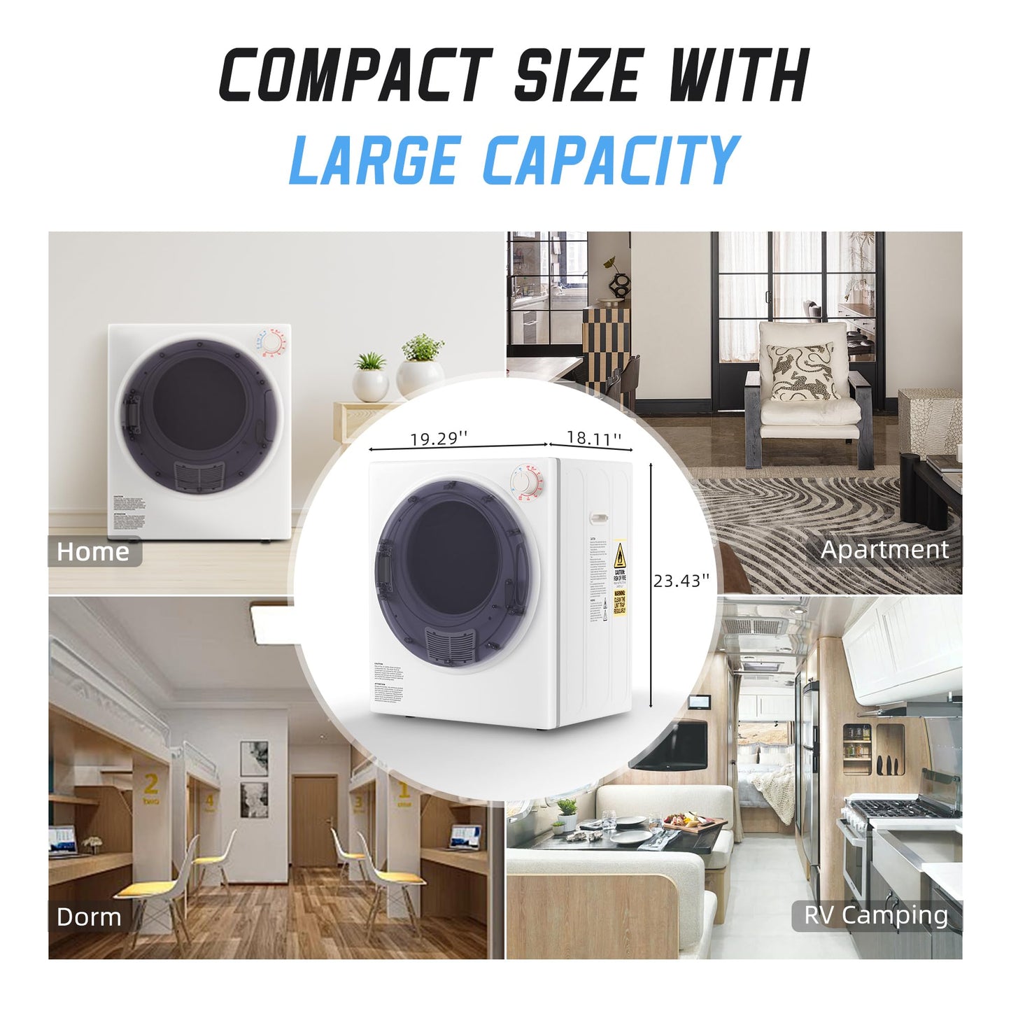 Elevon 800W Portable Clothes Dryer, 2.6 cu.ft Electric Drying Machine for Laundry with Stainless Steel Tub for Apartment, Rvs, Dorms, Compact Dryer for Small Space, White