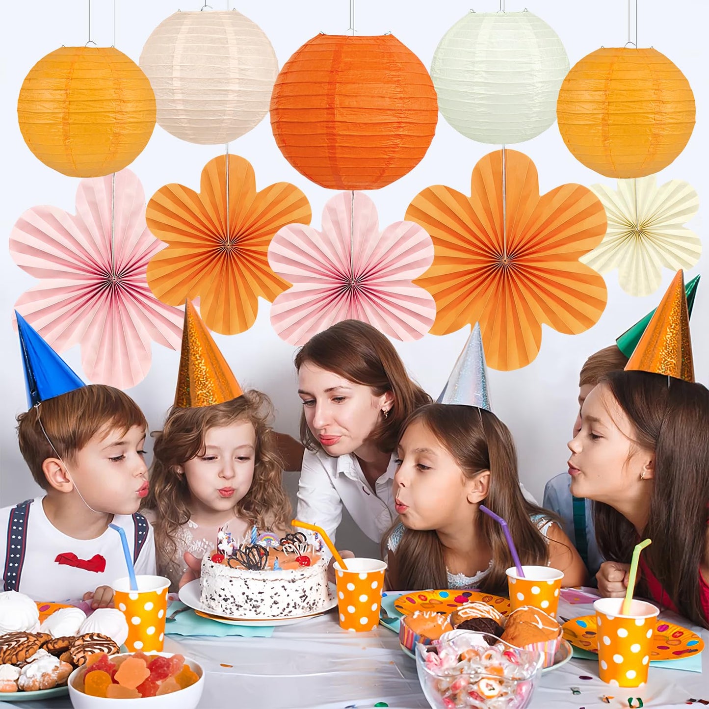 18 Pcs Autumn Pink and Orange Party Decorations Set, Hanging Paper Lanterns Paper Flowers Fans for Girls Women Wall Baby Shower One Sweet Peach Birthday Thanksgiving Bachelorette Sunset Party Decor