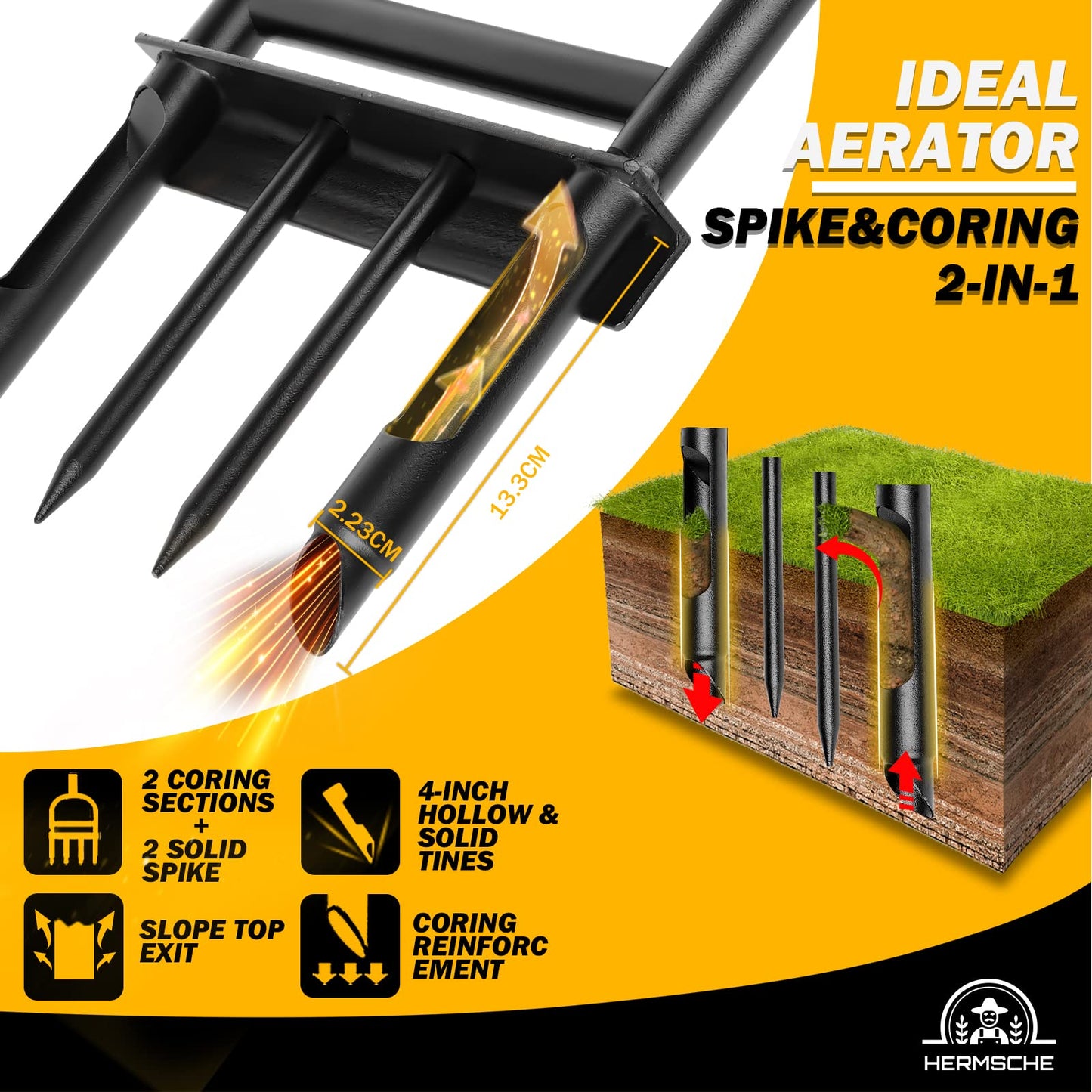 Hermsche Lawn Aerator Coring Tool, Manual Plug Core Aerators with Cleaning Stick, 2 Half-Open Hollow Slot Tines and 2 Spike Heavy Duty Grass Aeration Tool for Soils Yard Garden