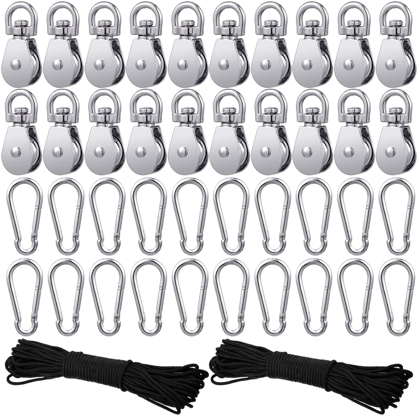 Shappy Pulley Block System Set, M20 Pulley Wheel Stainless Steel with 66ft Nylon Rope and Hooks, Swivel Lifting Wire Rope Cable Roller for Lifting Hanging(42 Pcs)