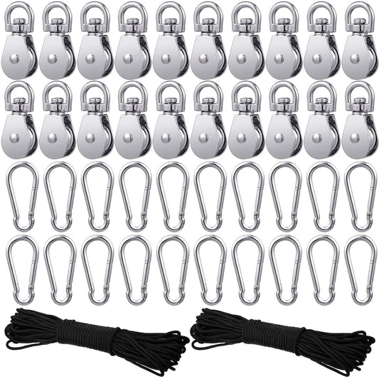 Shappy Pulley Block System Set, M20 Pulley Wheel Stainless Steel with 66ft Nylon Rope and Hooks, Swivel Lifting Wire Rope Cable Roller for Lifting Hanging(42 Pcs)