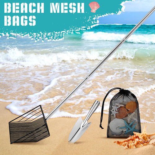 Lasnten 4 Pcs Stainless Steel Sand Sifter Wide Sand Flea Rake Set Detachable Long Handle 54 Inch Shell Scooper for Beach Basket Sifter with Beach Shovel Mesh Bag for Picking Shell Collecting Fleas