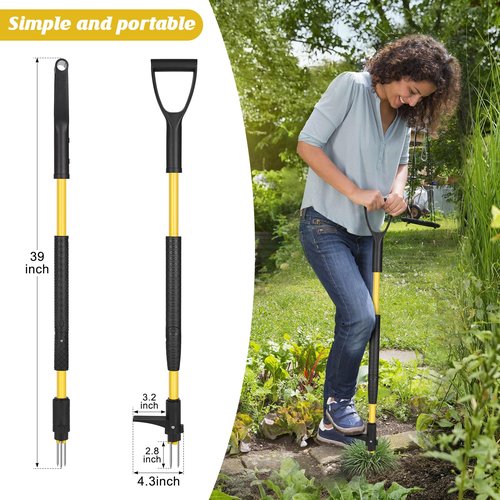 Gbekery 39" Stand Up Weed Puller Tool - Heavy Duty Detachable 3-Claw Weeder with Ergonomic Long D-Handle | Tools for Effortless Garden Weed Removal (Dandelions, Thistles & More)