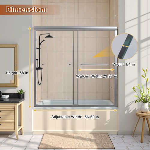Osparple Shower Door 56-60" W x 58" H Semi-Frameless Double Sliding Tub Shower Doors Glass Shower Door with 1/4" (6mm) Clear SGCC Tempered Glass, Towel Rail and Auxiliary Handle, Chrome