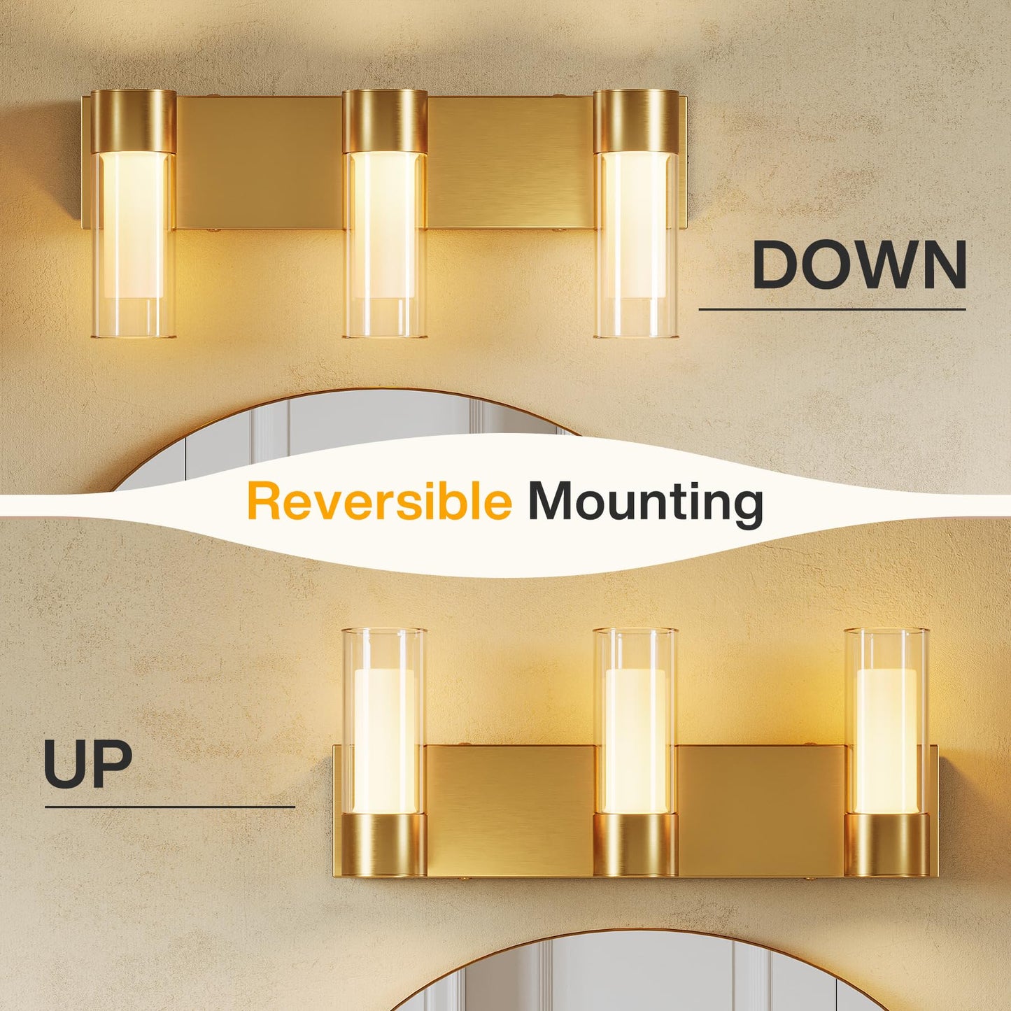 Tribesigns LED Bathroom Light Fixtures, 3-Light Vanity Lights Over Mirror, Wall Lights with 3 Color Modes & Gold Finish, Wall Sconces with Clear Glass Shades for Bathroom Hallway Bedroom