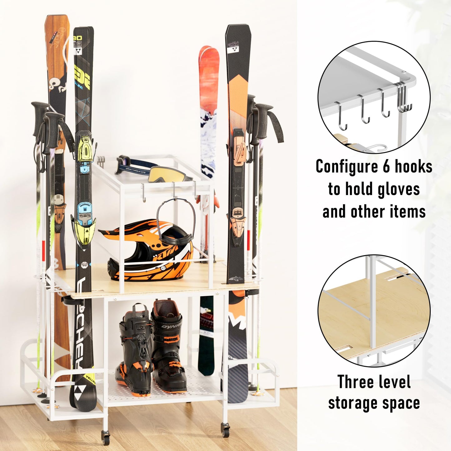 bimiti Freestanding Ski Rack for Garage, 2-Tier Ski Organizer with Storage for 4 Pairs of Skis, Boots, Poles, Goggles & Helmet, Space-Saving Ski Storage Rack for Home