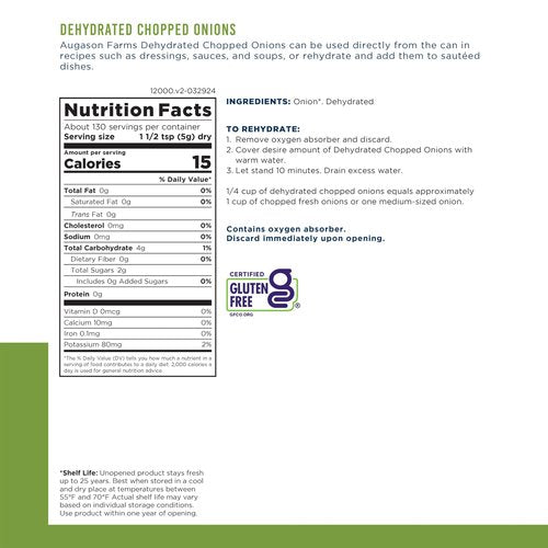 Augason Farms Dehydrated Chopped Onions Can, Emergency Food Supply, Everyday Meals, 130 Servings
