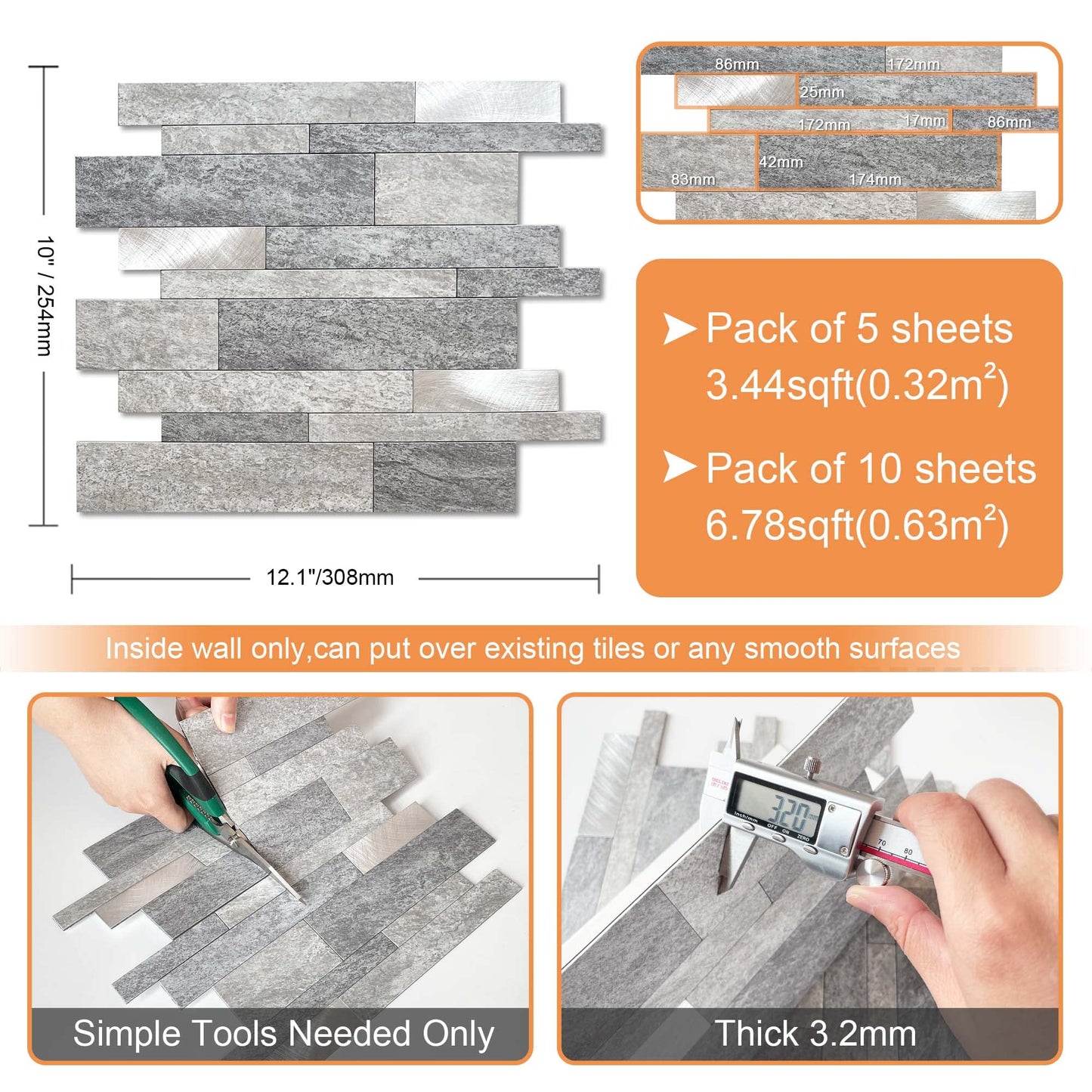 VAOVI Backsplash Tile Peel and Stick Kitchen Stone Subway Linear Mosaic Bathroom Shower Wall Waterproof(10pcs,Gray)