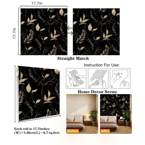 Akodm Black and Champagne Gold Leaf Wallpaper Peel and Stick Modern Botanical Contact Paper for Cabinets Drawers Bathroom Removable Self Adhesive Thick Vinyl Waterproof Luxury Wallpaper 17.7"x70.8"