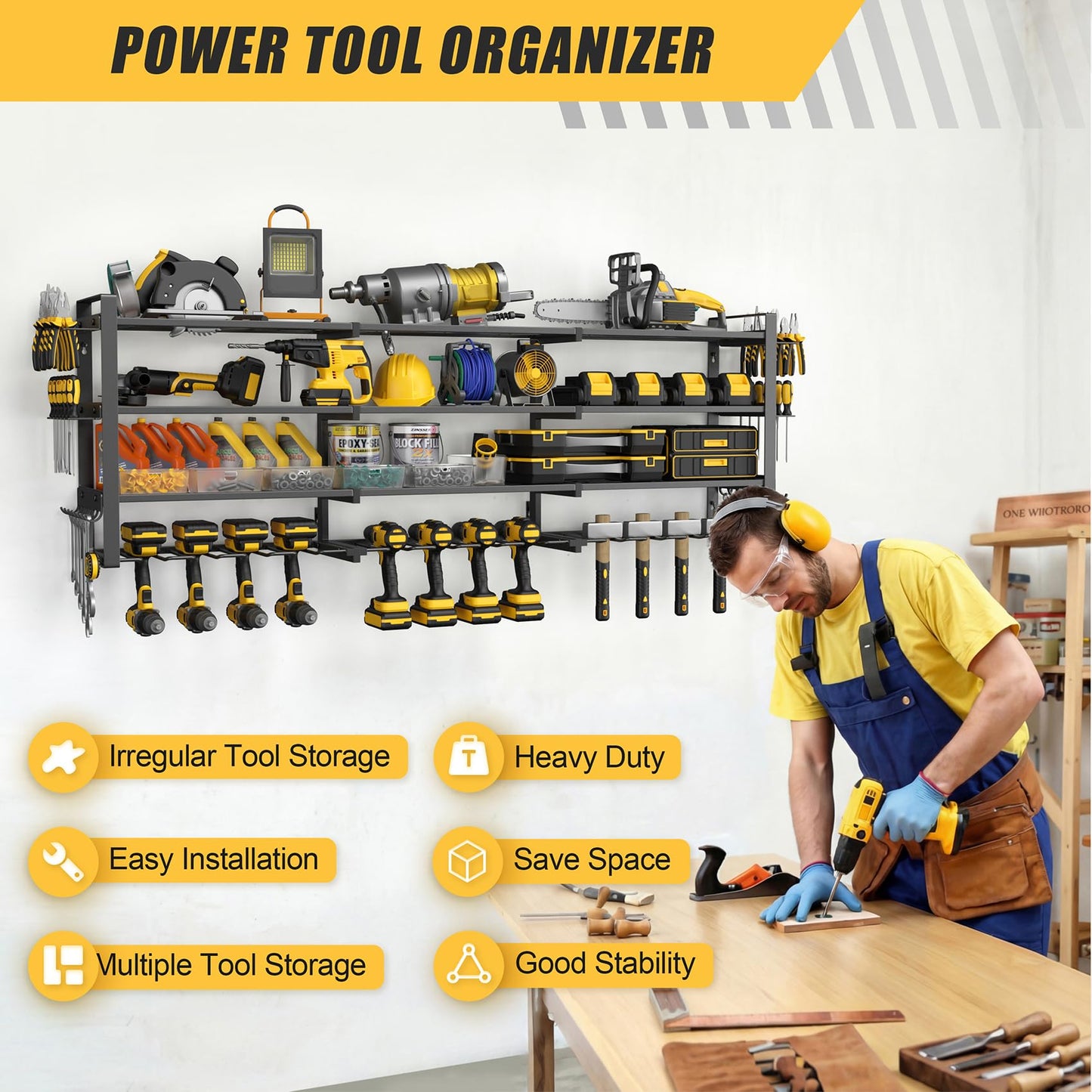 Jusgym Large 49''W Power Tool Organizer Wall Mount |650lbs Tool Garage Storage Rack with 12 Cordless Drill Holder |4-Tier Heavy Duty Garage Organization |Gifts for Men
