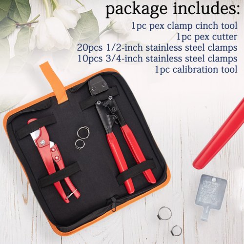 Pex Pipe Crimping Tool Kit with 20pcs 1/2", 10pcs 3/4" Clamps,Pipe Fitting Tool Kit Pex Crimping Clamp Cinch Tool Meets ASTM 2098 for Stainless Steel Clamps Sizes from 3/8" to 1" With Storage Bag