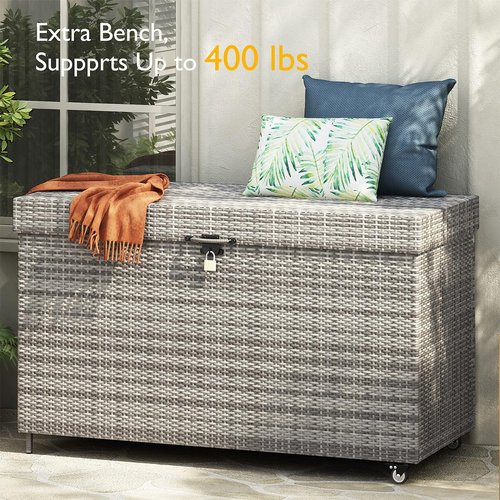 200 Gallon Large Lockable Wicker Deck Box with Wheels, Waterproof Outdoor Storage Box, Rattan Storage Bin for Patio Furniture, Outdoor Cushions, Pool Storage and Garden Tools (Grey)