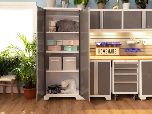 NewAge Products Bold Series White 9 Piece Set, Garage Cabinets, White with Bamboo Worktop, 54992