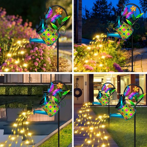 Solar Watering Can with Lights, Waterproof Solar Lantern with Butterfly Shepherd Hook, Hanging Garden Lights for Patio Yard Lawn Porch Outdoor Decoration, Unique Garden Gifts for Women