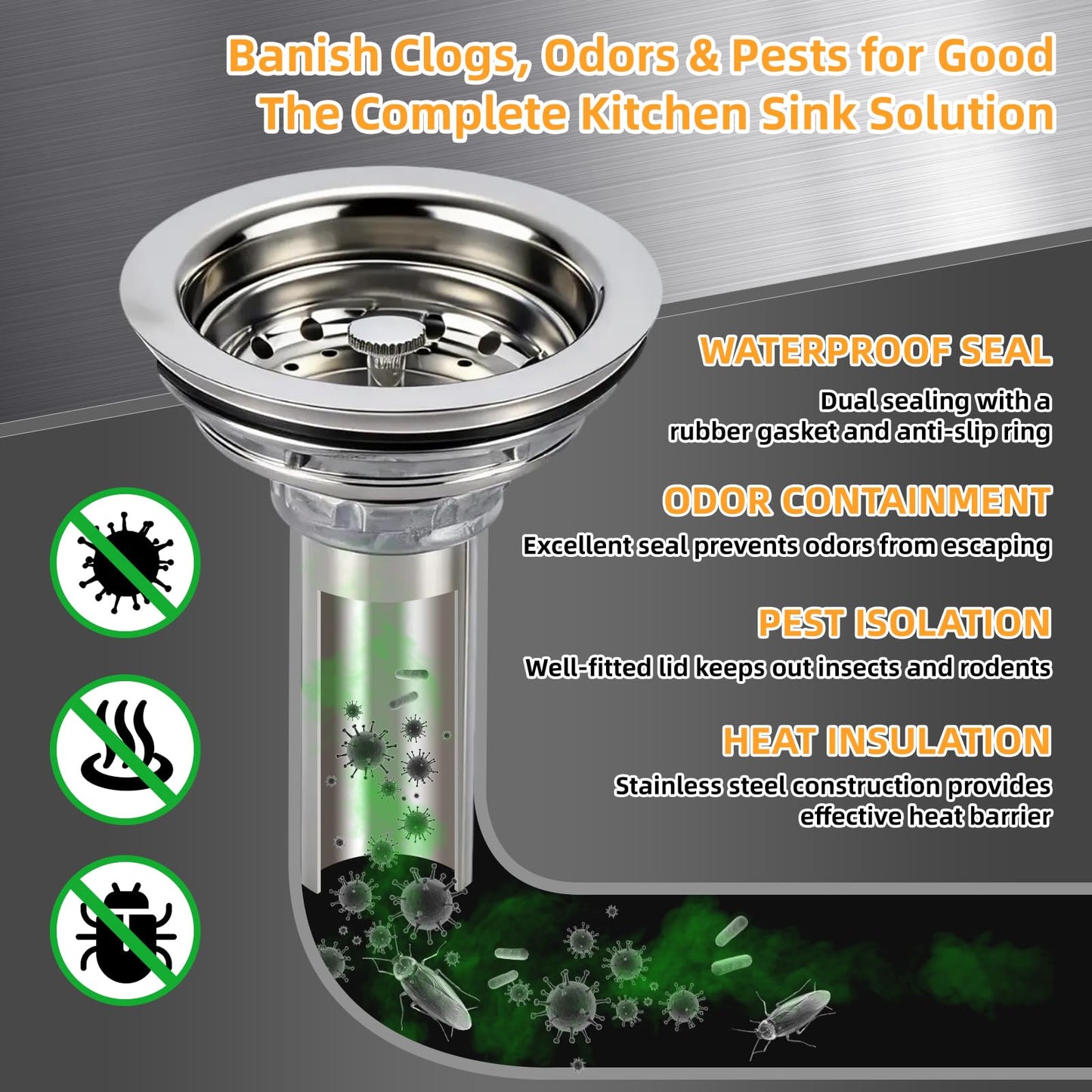 Kitchen Sink Drain Assembly, Stainless Steel Basket Strainer with Knob, 3-1/2 Inch Sink Drain Stopper Plug, Threaded Plastic Sink Strainer Tailpiece 1-1/2 in