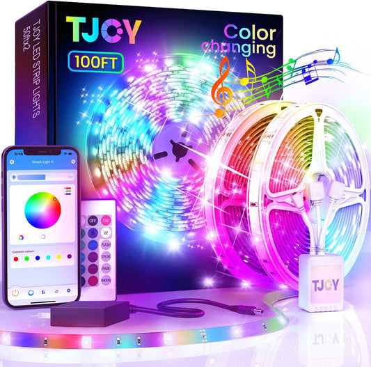 TJOY LED Lights for Bedroom 100ft, RGB Color Changing Led Strip Lighting with Remote and Smart APP Control, Music Sync Rope Lights via Bluetooth for Kitchen, TV, Room Decor