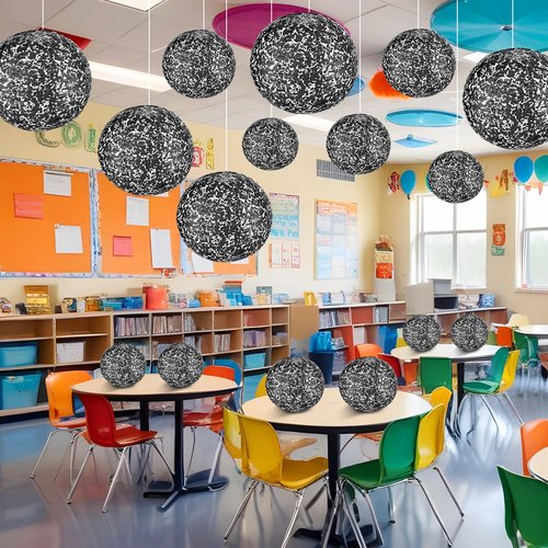 Glooglitter 12 Pcs Large 10in Composition Hanging Paper Lanterns Composition Notebook Classroom Decor Black and White Round Decorative Lanterns for Classroom Office School Graduation End of Year